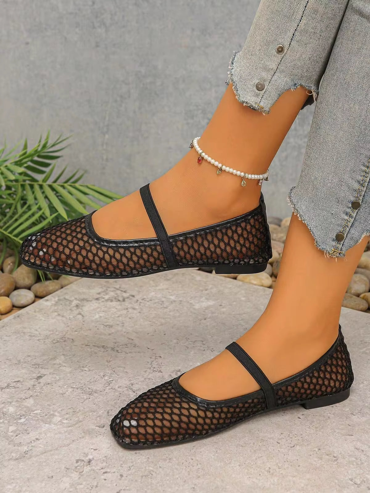 Women's Summer Hollow Fishnet Mesh Mary Jane Flat Shoes, Minimalist Square Toe, Breathable Soft Sole, Casual Daily Walking Flats