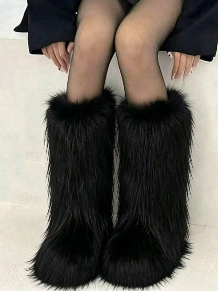 Winter Knee High Boots For Women Pull-On Faux Fur Boots Round Toe Fashion Boots Warm Knee High Boots OutdoorFlat Shoes Party Dressy Women Winter Boots